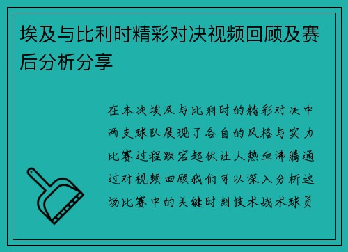 埃及与比利时精彩对决视频回顾及赛后分析分享